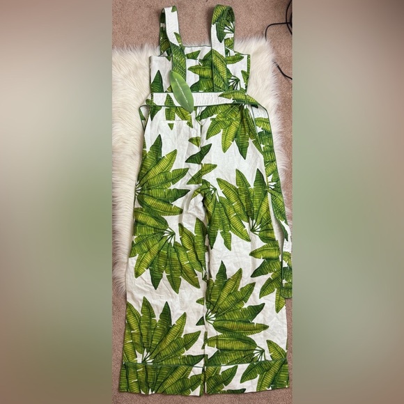 New Farm Rio Off White Palm Fan Leaves Jumpsuit Wide Leg Belted Tropical Vaca - Picture 4 of 7